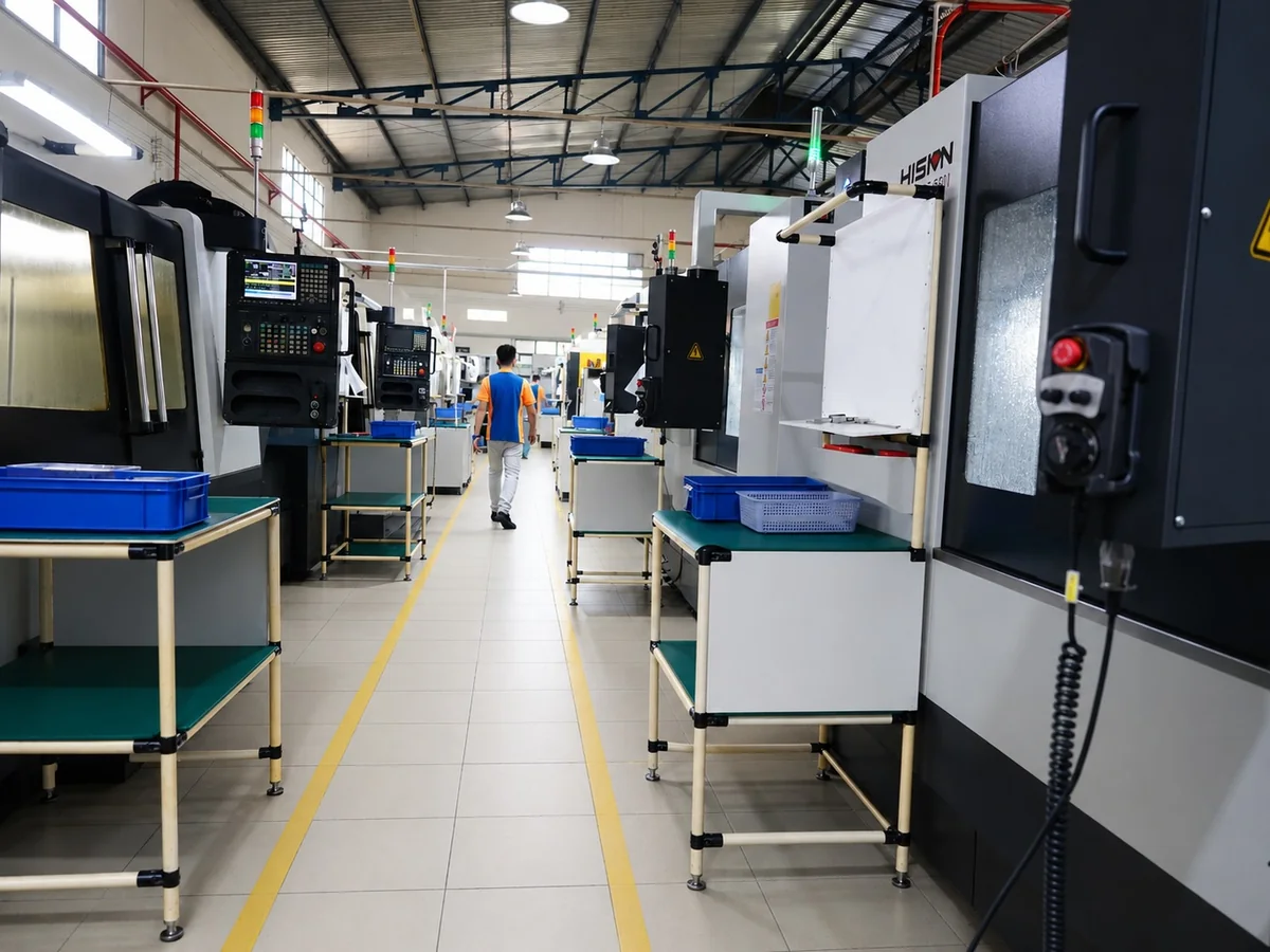 Aisle between CNC machining centers inside the Far East High Tech factory
