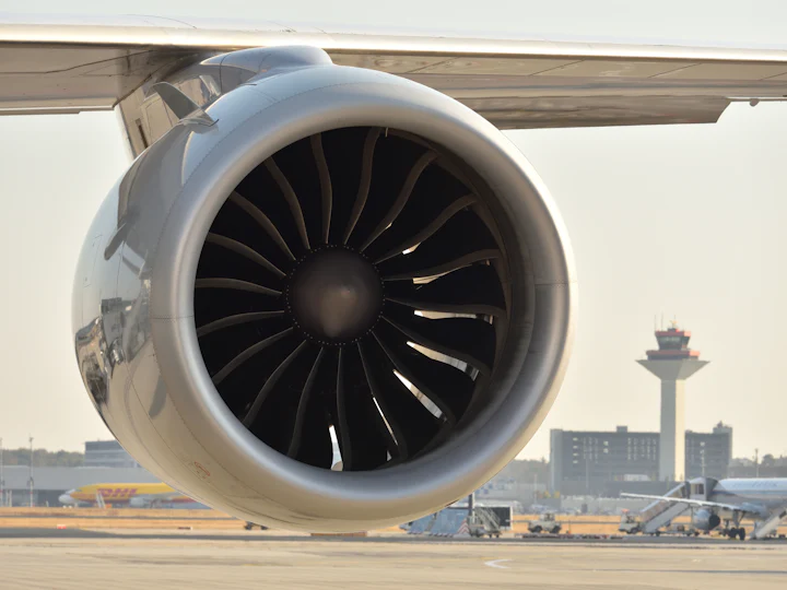 Jet engine of a commercial airliner on the airport apron